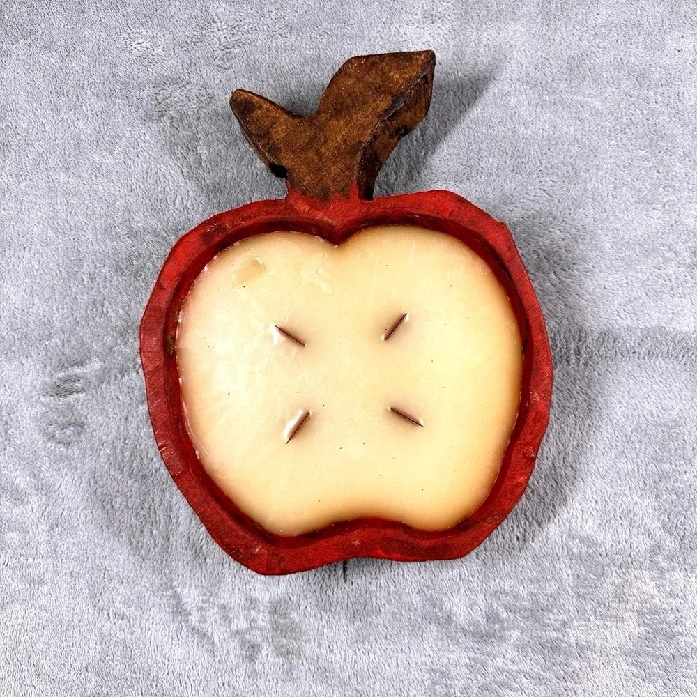 Apple Shaped Wood Bowl Candle 5 Wick Red Rustic‎ Farmhouse Fall Decor